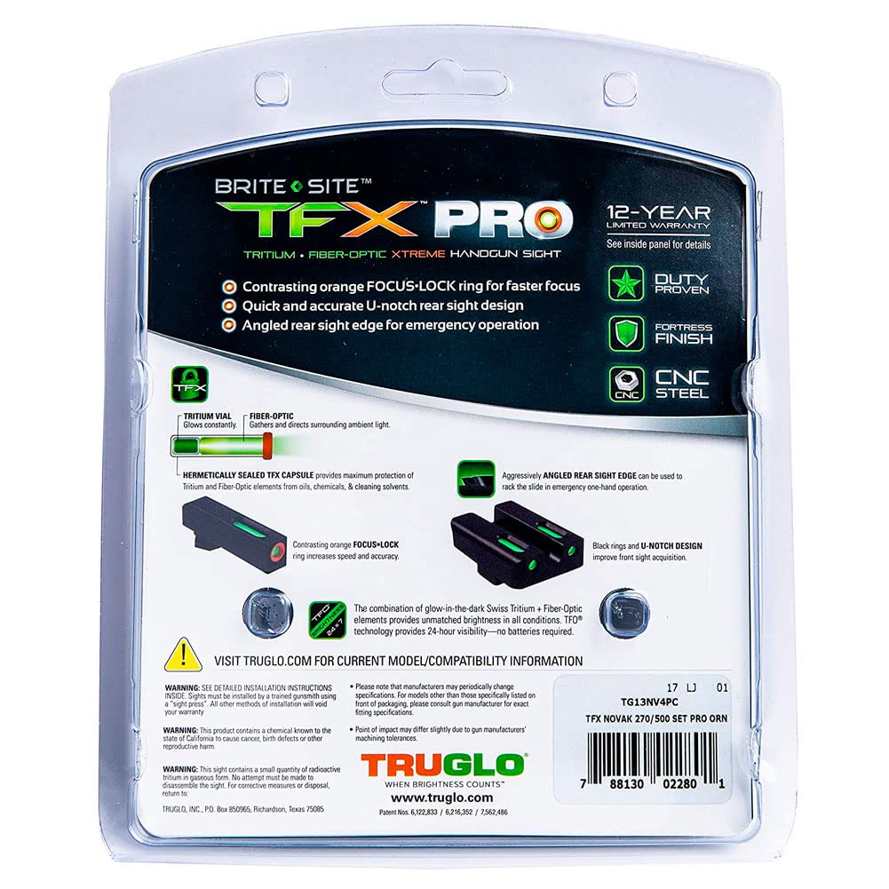 TRUGLO TFX PRO Handgun Sight | Compact Snag-Free Durable Shock-Resistant Glowing Tritium & Fiber-Optic Xtreme Night Sight with High Contrast Orange Front Ring, Compatible with 1911 270/500 Handguns