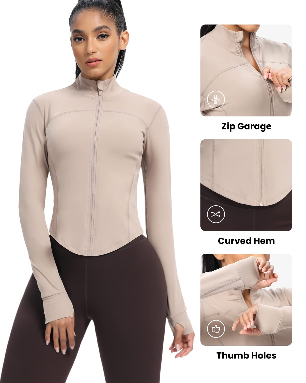 AVGO Women's Cropped Running Workout Jackets Zip Slim Fit Athletic Tops with Thumb Holes(Almond, M)