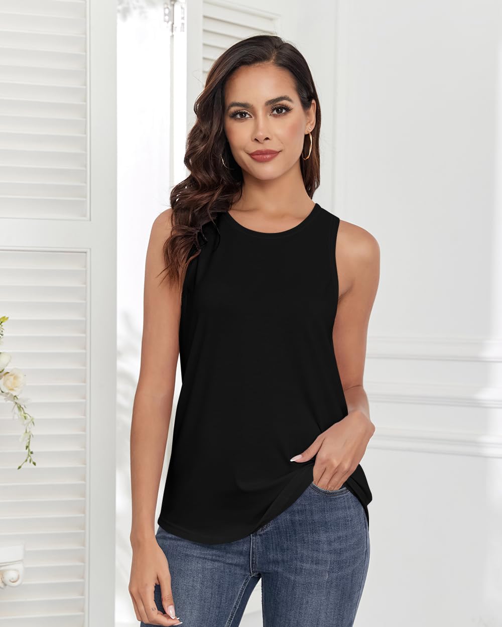 Smile Fish Women Crewneck Flowy Loose Fit Tank Top Sleeveless Summer Tops Shirts Cotton Black,M