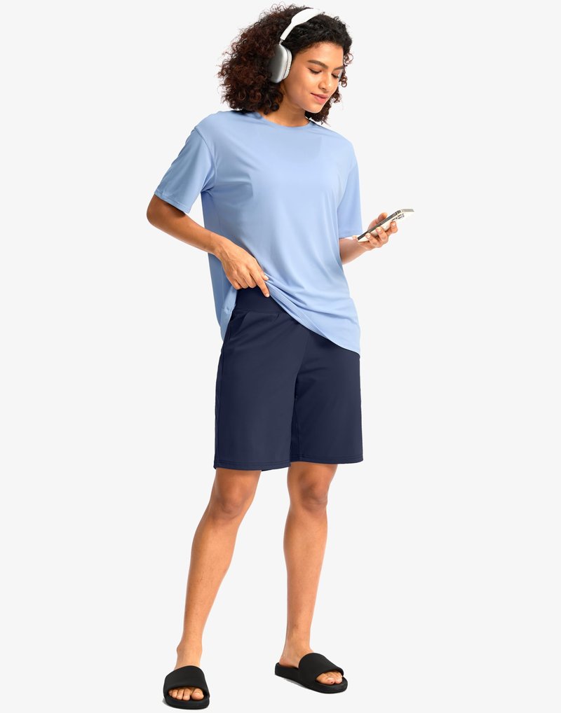 G Gradual Women's Bermuda Long Shorts with Pockets 9" High Waisted Knee Length Shorts for Women Walking Athletic Workout(Navy,S)