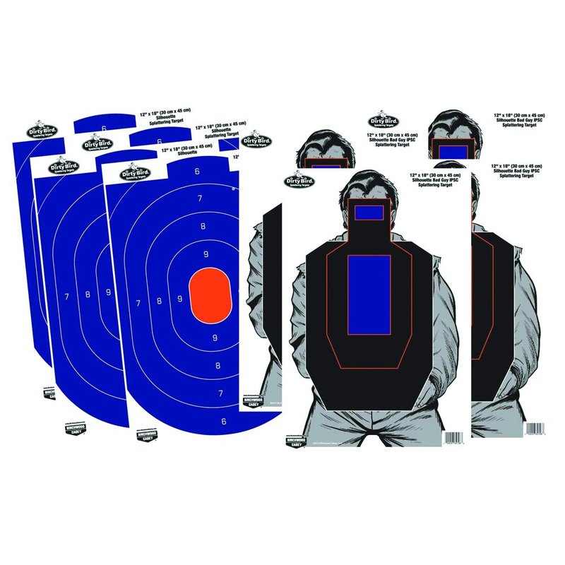 Birchwood Casey Non-Adhesive Dirty Bird White Splattering 12" X 18" Practice Shooting Target Combo Pack for Indoor and Outdoor Use, 4 - Blue/Orange Oval & 4 - Bad Guy IPSC - 8 Targets