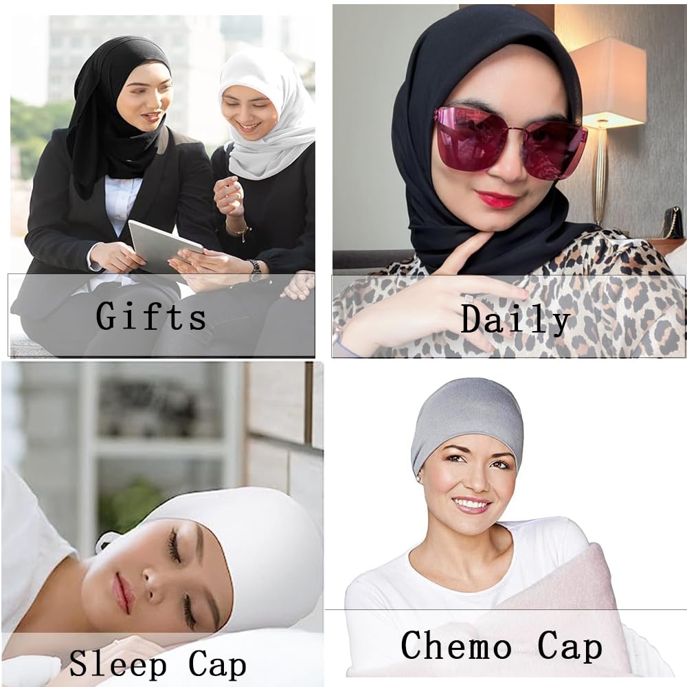 Hophor Black Hijab Undercap Islamic Muslim Under Scarf Hijab Caps with Tie-Back Closure Women Chemo Hat (Black+Nude)