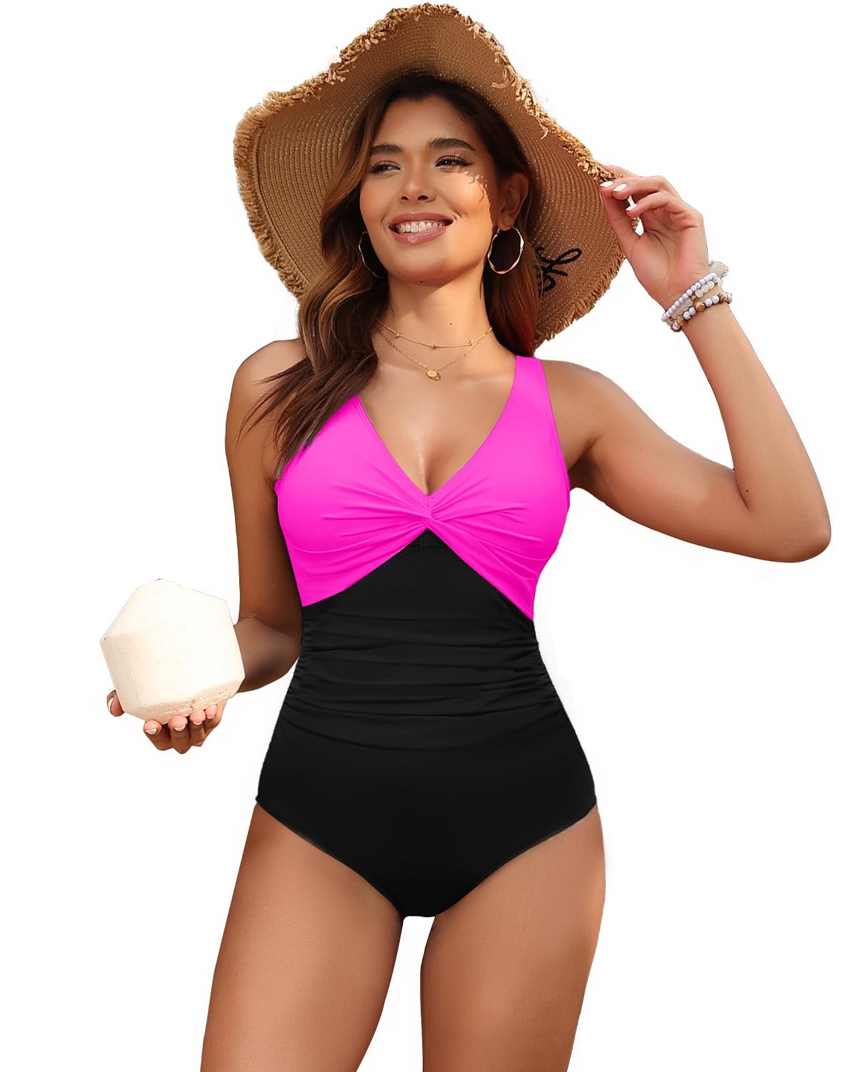 Holipick Hot Pink Black Women Tummy Control One Piece Swimsuit - Push Up Bathing Suit Full Coverage Slimming Swimwear XXL