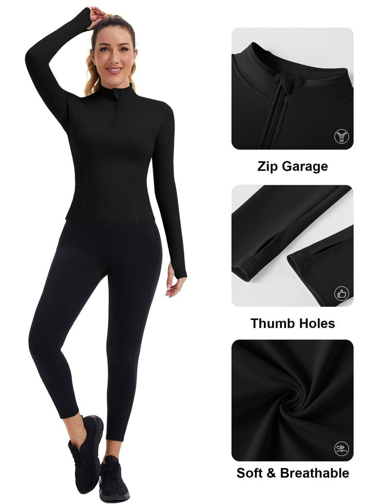 ZHENWEI Long Sleeve Workout Tops for Women Slim Fit BBL Jacket Quarter Zip Pullover Quick Dry Crop Running Jacket Athletic Gym Shirt (Black,L)
