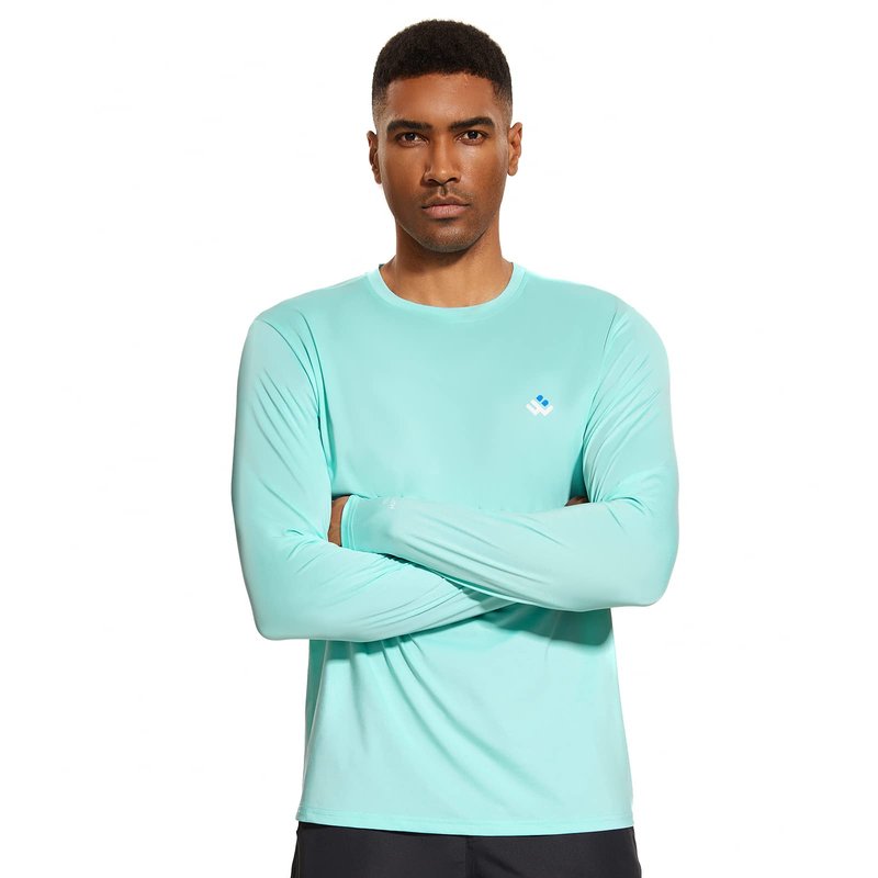 Men’s UPF 50+ Lightweight Long Sleeve Casual T-Shirt Quick Dry UV Sun Protection for Outdoor Beach Hiking Fishing Exercise Seafoam