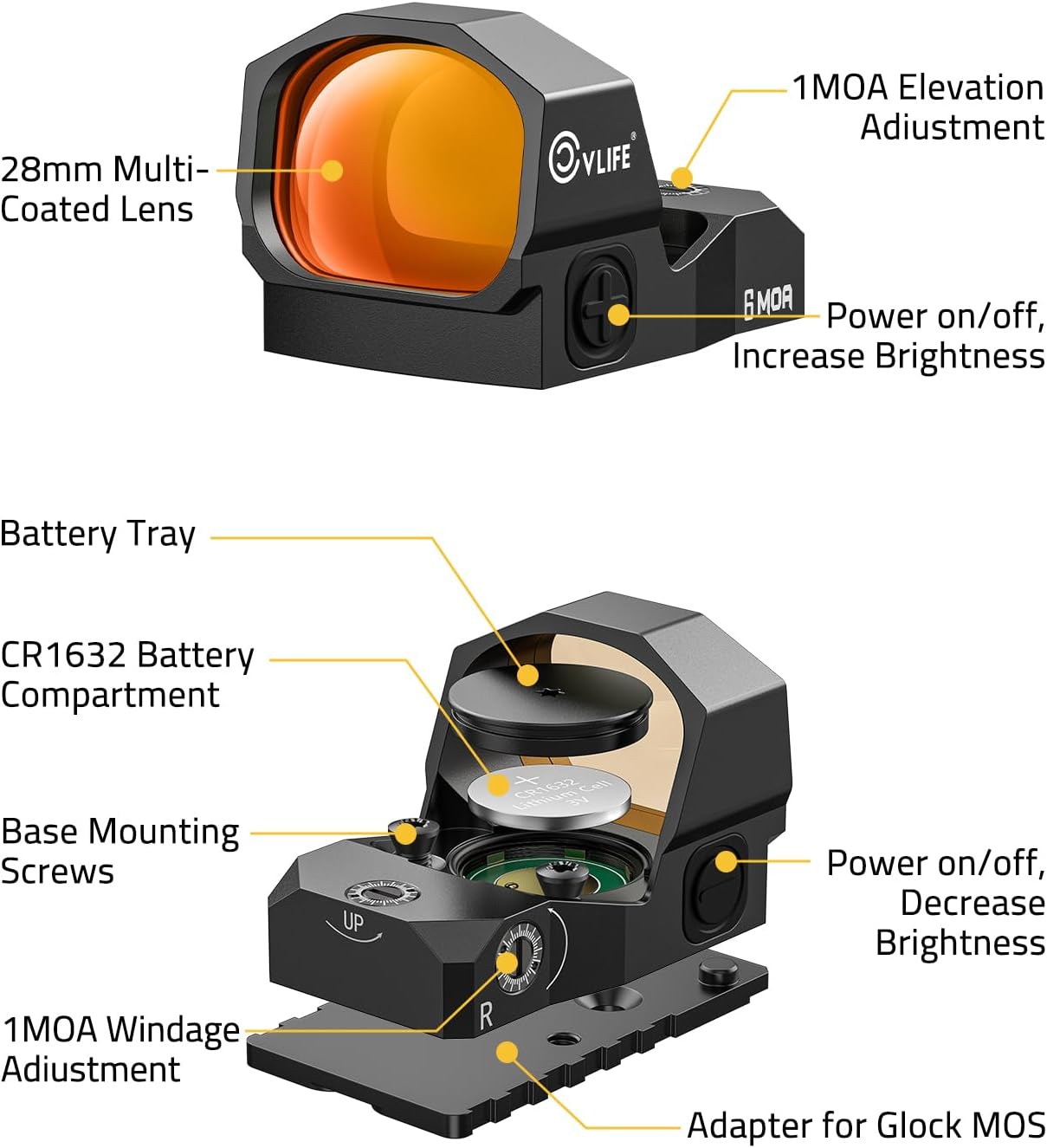WolfCovert Pistol Dot Sight - 6 MOA Open Reflex Optics with 1.1" Large Lens | Adapter for MOS & 21MM Picatinny