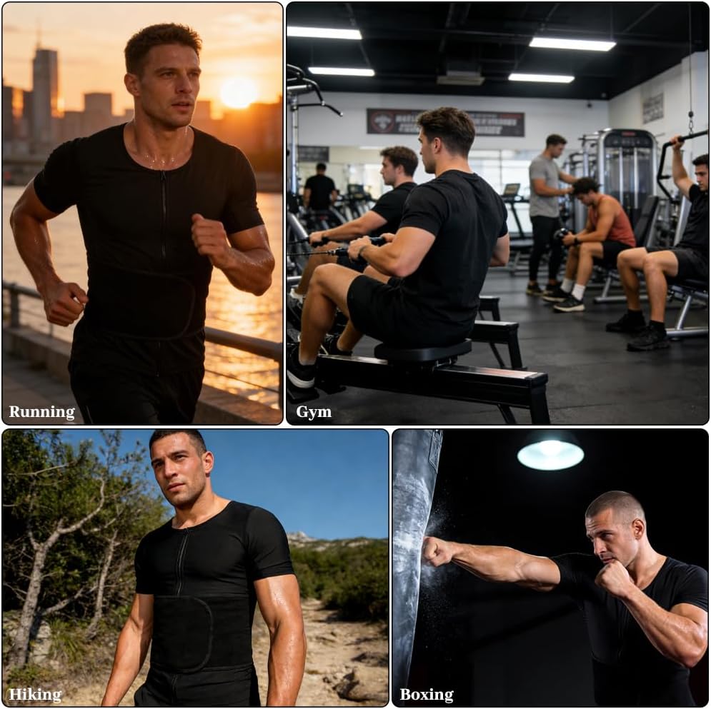 Men's Sauna Shirt - Short Sleeve Sweat Suit for Heat Trapping | Adjustable Waist Belt, Breathable Design