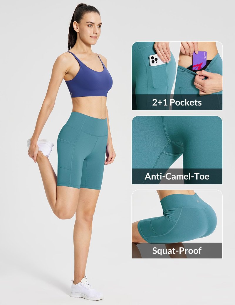 baleaf Biker Shorts Women Yoga Gym Workout Spandex Running Volleyball Tummy Control Compression with Pockets 8" Green S