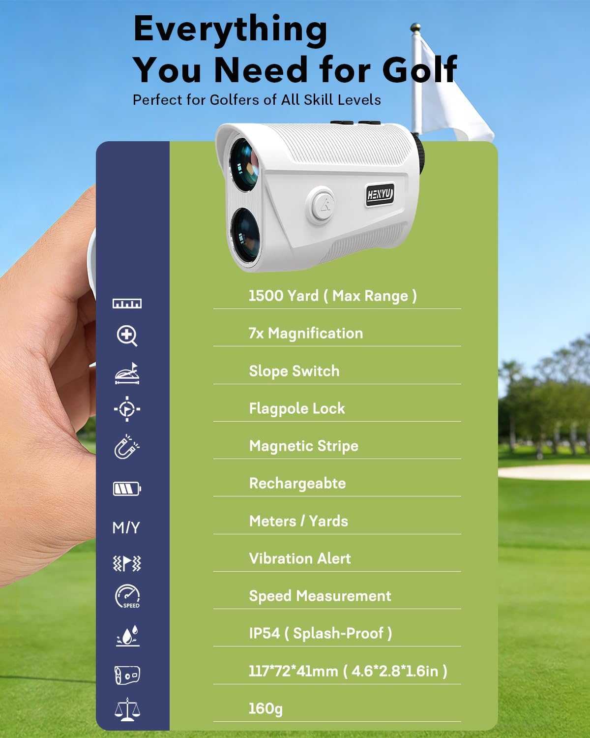 Golf Rangefinder with Slope - 1500 Yards Laser Range Finder for Accurate Golfing & Hunting | 7X Magnification, USB-C Rechargeable