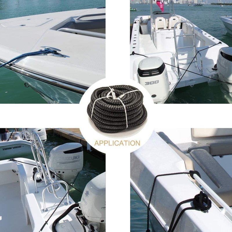 Young Marine Double Braided Nylon Dock Lines Rope,3/8 Inch x 15FT Dock Line with 12 Inch Eyelet for Mooring Boats, Black,4 Pack