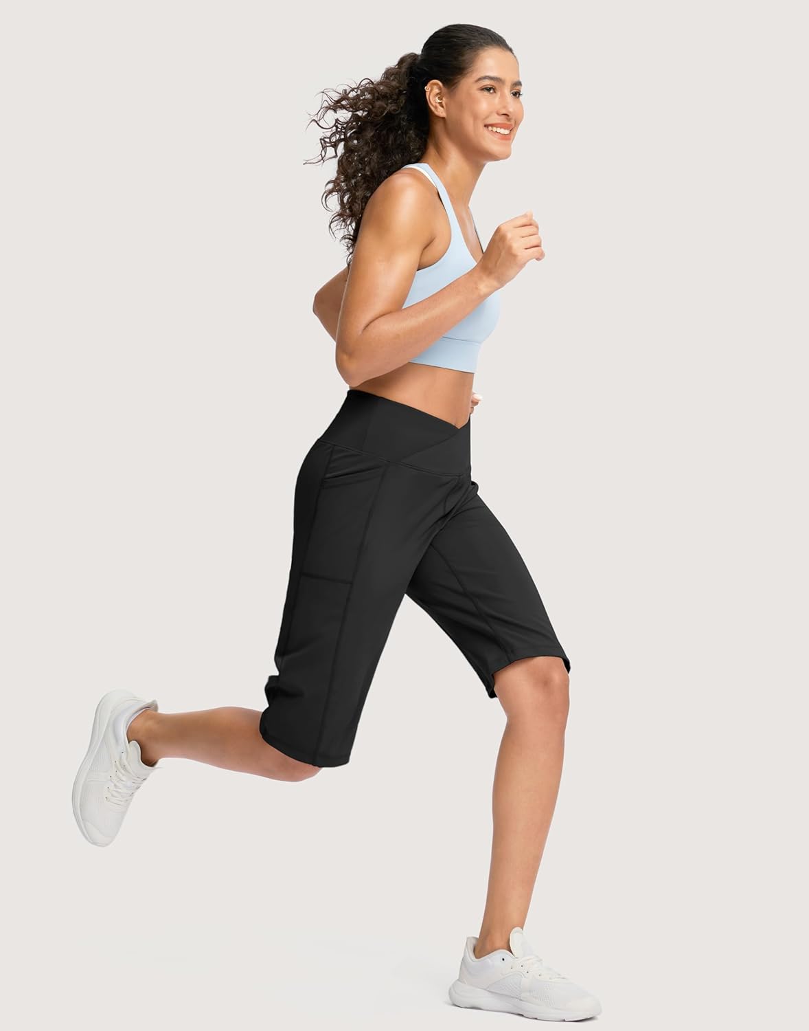 Women's High Waisted Bermuda Athletic Shorts - 14" Knee Length, Stretch Fabric, Pockets | Casual Summer Wear