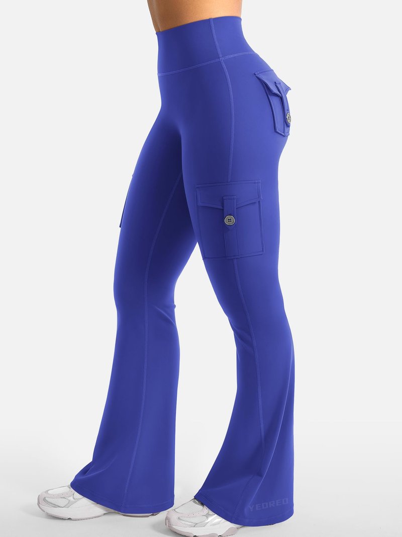 YEOREO CoreFlex Women Workout Flare Leggings with Pockets Hidden Scrunch Cargo Gym Yoga No Front Seam Leggings Dazzling Blue XXL