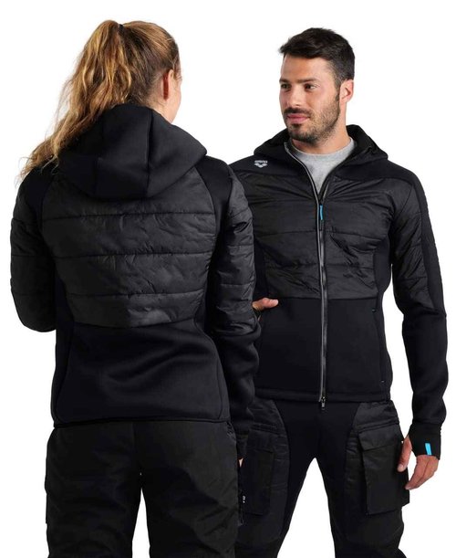 ARENA Team Unisex Half-Quilted Hooded Jacket Regular Fit Full Zip Side Pockets Insulated Panels Reflective Taping Athletic Sports Cold Weather Coat, Black, Large