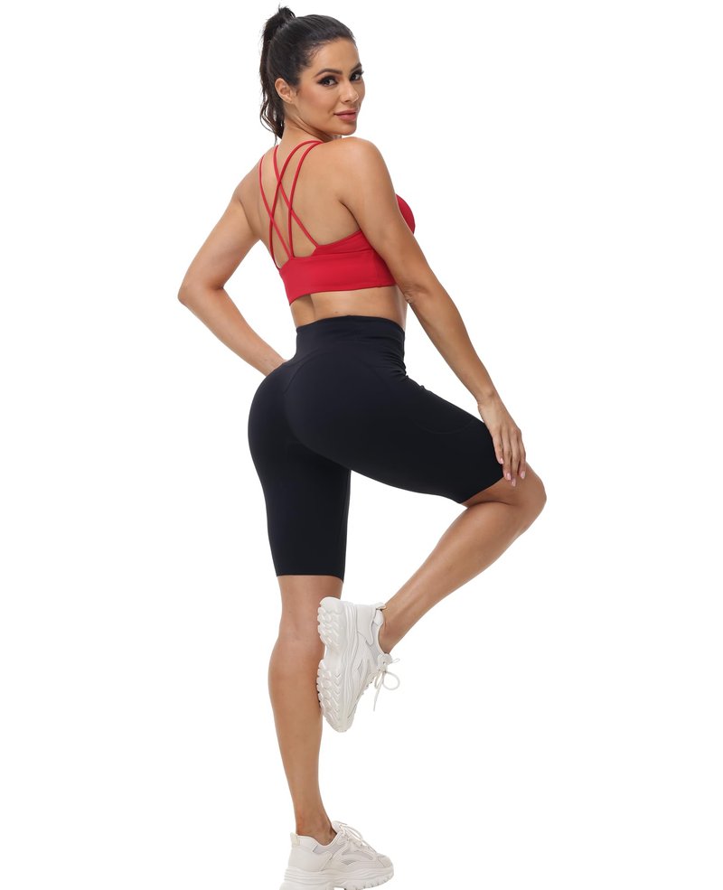 MotoRun Biker Shorts Women Tummy Control with Pockets - High Waisted Workout Shorts No Front Seam Black Yoga Short Leggings Medium