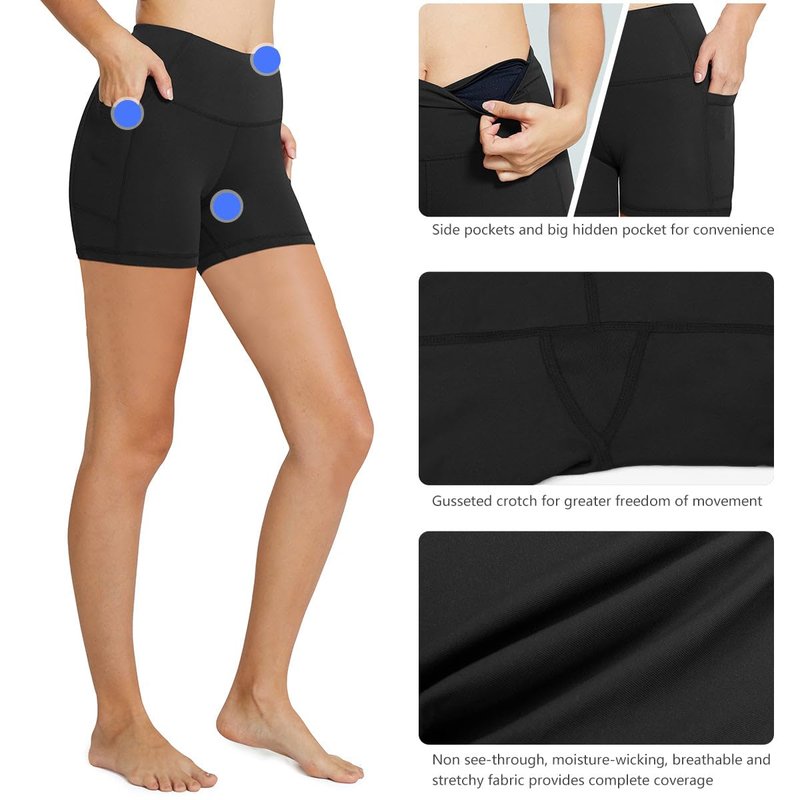 baleaf Biker Shorts Women Yoga Gym Workout Spandex Running Volleyball Tummy Control Compression with Pockets 5" 2-Pack Black/Black XXL