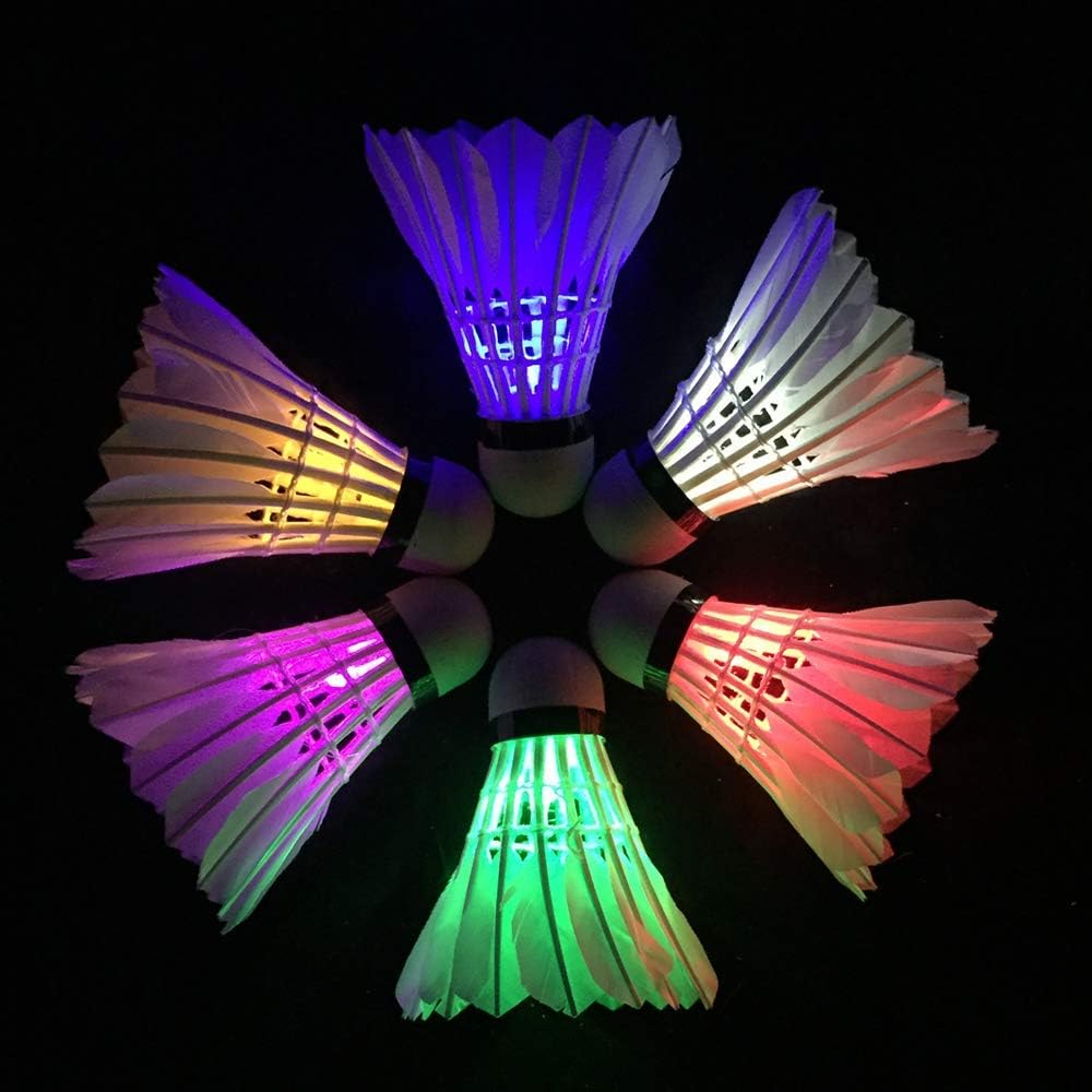 ZHENAN Glow in The Dark Badminton Birdies 6PCS,Goose Feather LED Badminton Shuttlecocks for Family Backyards Practice,Long Lasting Light Up Birdie Balls Set for Indoor Outdoor Sports Activities