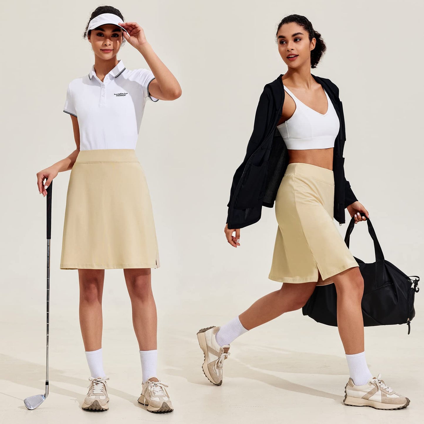 COOrun 20" Knee Length Skirts for Women Quick Dry Golf Skirts with Underneath Pockets Lightweight Tennis Skirts Modest Skirts,Light Khaki L