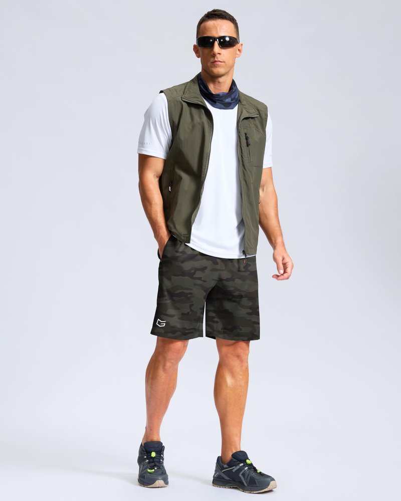 G Gradual Men's Athletic Running Shorts with Zipper Pockets Quick Dry 7"/ 5"/ 9" Workout Gym Shorts for Basketball Hiking(Green Camo,9M)