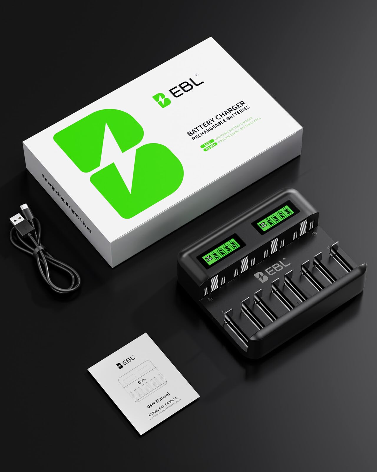 EBL LCD 8 Bay Battery Charger, AA AAA C D Rechargeable Battery Charger for Rechargeable Batteries Ni-MH AA AAA C D Batteries with Type C Input