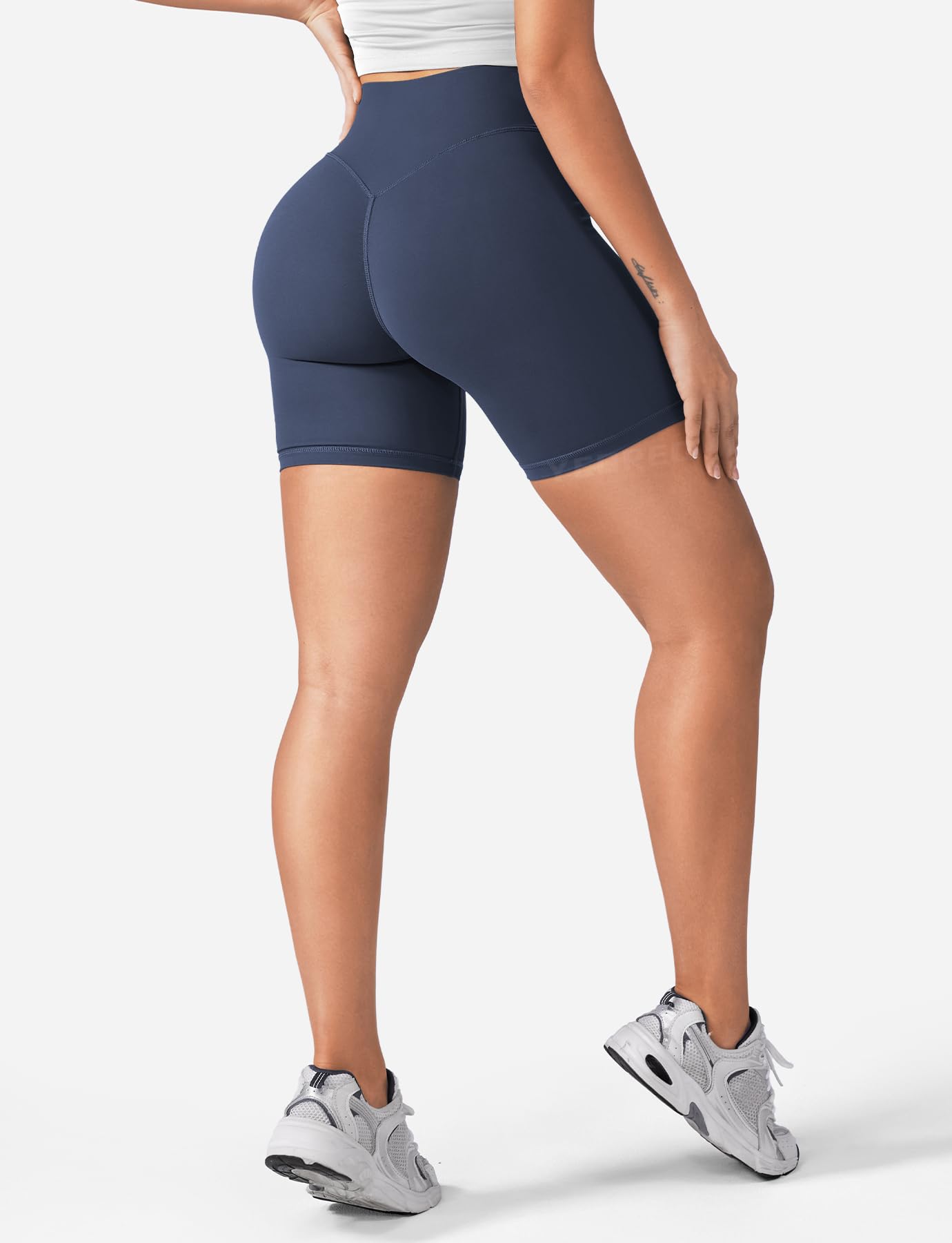 YEOREO Women's Biker Shorts 4.5" / 6" Workout Gym Shorts Craze High Waist Tummy Control Hidden Scrunch Running Yoga Navy Blue L