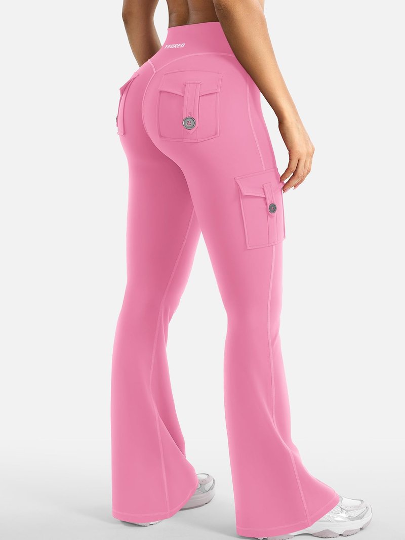 YEOREO CoreFlex Women Workout Flare Leggings with Pockets Hidden Scrunch Cargo Gym Yoga No Front Seam Leggings Pink XL