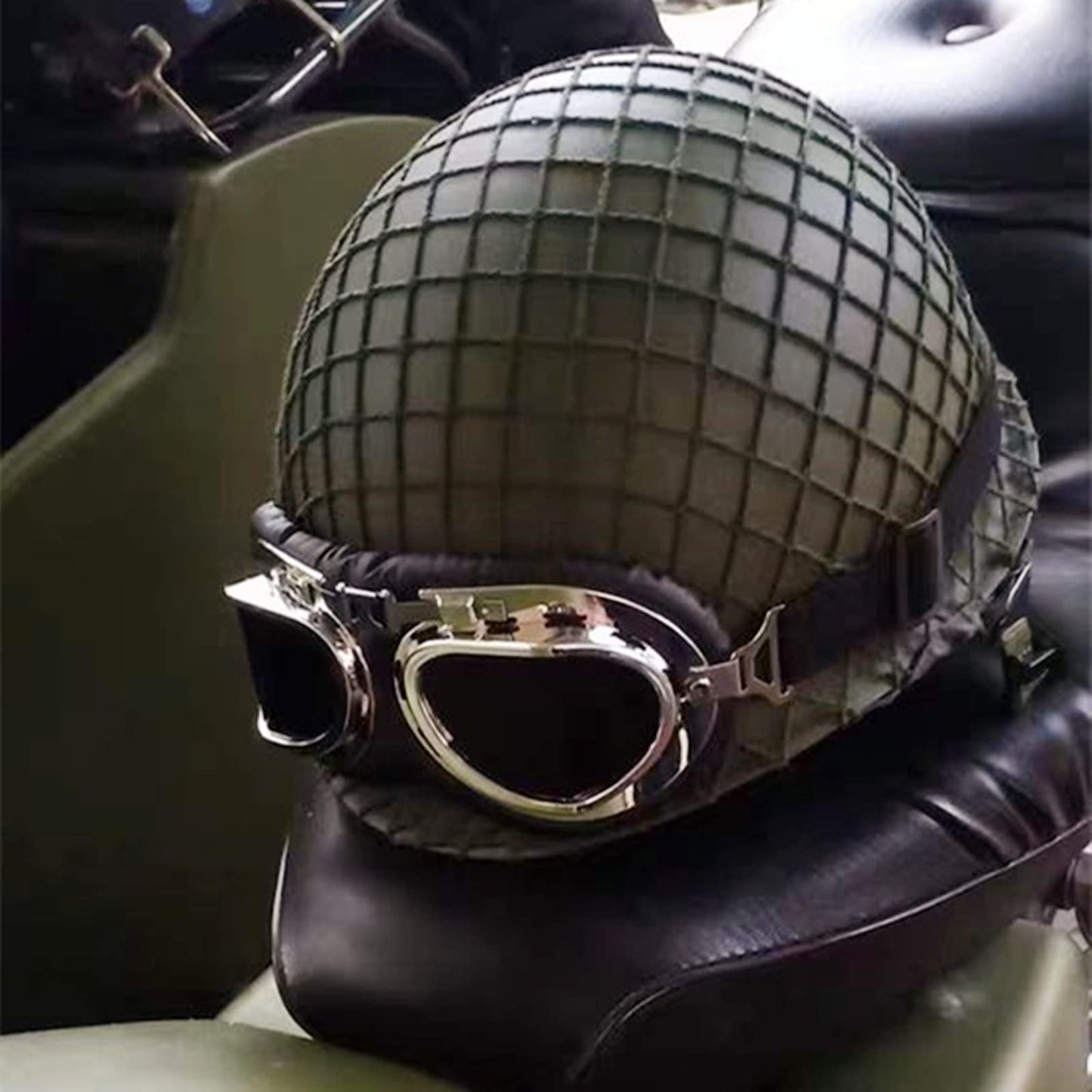 SYLPHID Outdoor Green WW2 US M1 Helmet Steel Field with Net Cover cat Eye Belt and Goggles