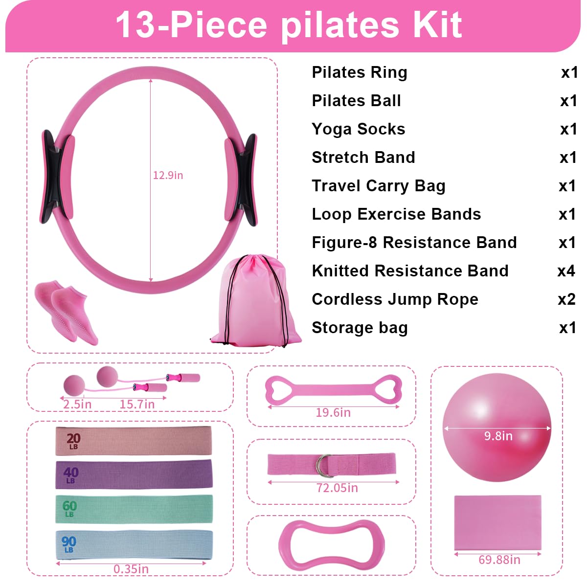 CoreHarmony Pilates Essentials Kit for Women for Home Workouts, Beginner Pilates Workout (Red)