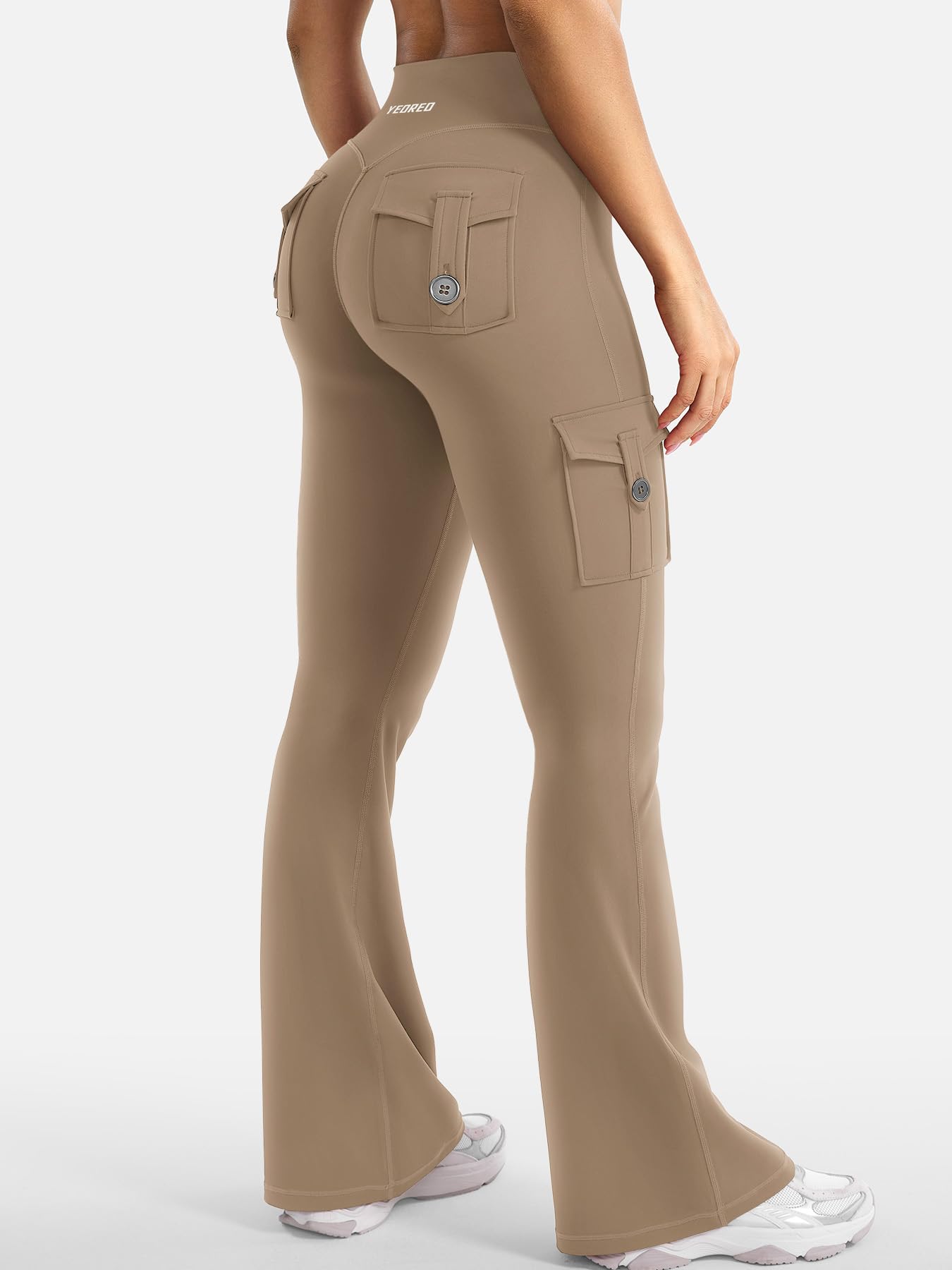 YEOREO CoreFlex Women Workout Flare Leggings with Pockets Hidden Scrunch High Waisted Cargo Gym Yoga Leggings Light Brown XXL