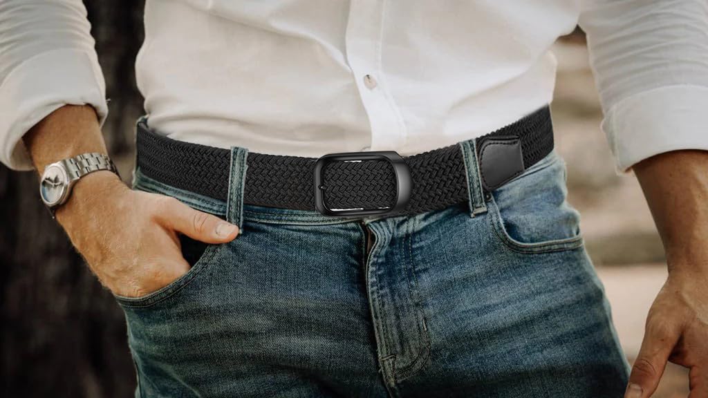 MACBORO Mens Belts Stretchable Big and Tall Belts for Men Elastic Stretch Belt Black 1.26"
