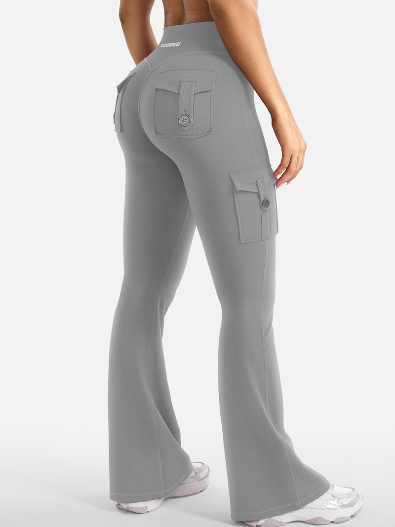 YEOREO CoreFlex Women Workout Flare Leggings with Pockets Hidden Scrunch High Waisted Cargo Gym Yoga Leggings Light Grey L