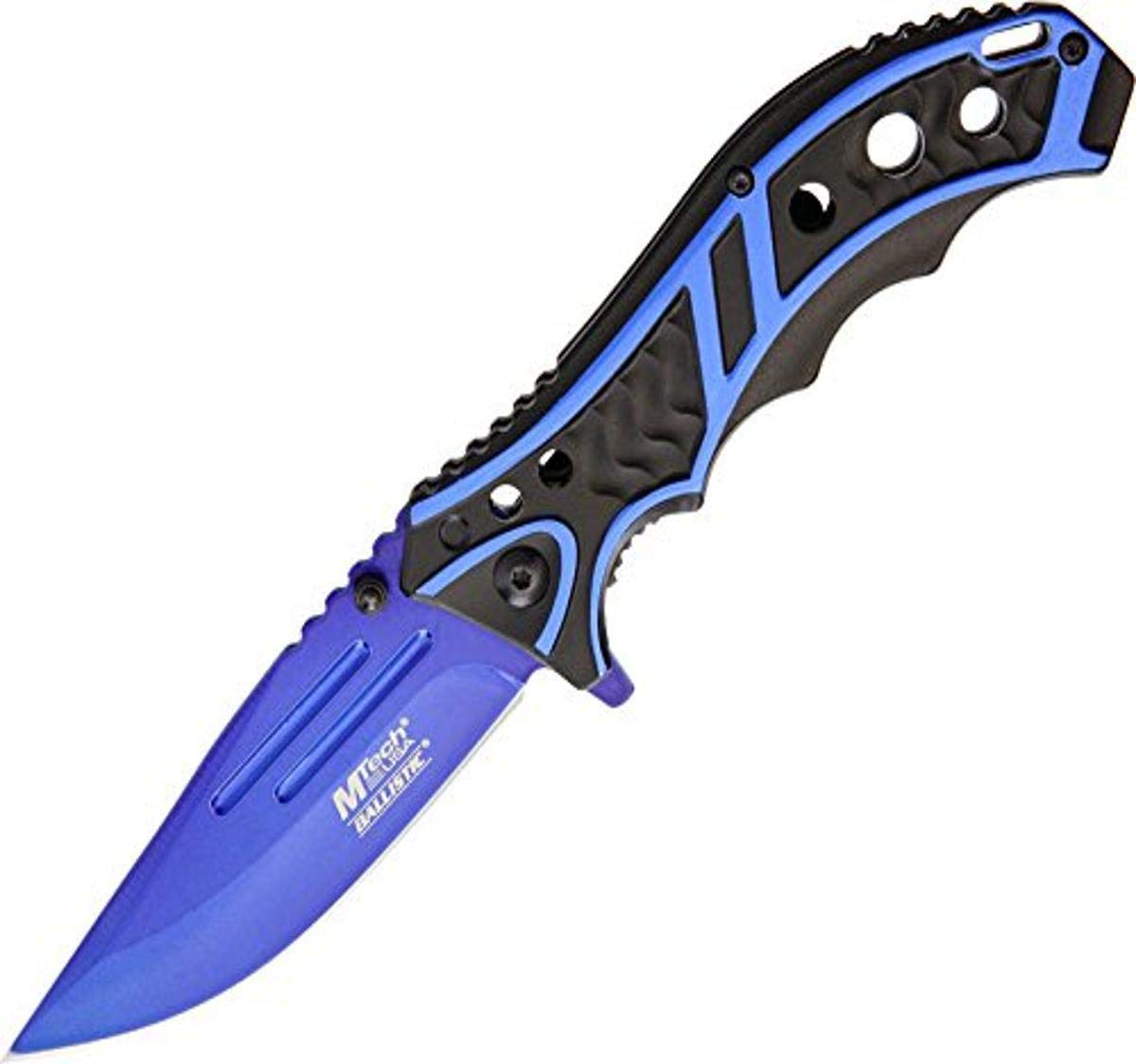 MTECH USA MT-A907BL Spring Assist Folding Knife, Blue Straight Edge Blade, Black & Blue Handle, 4.75" Closed