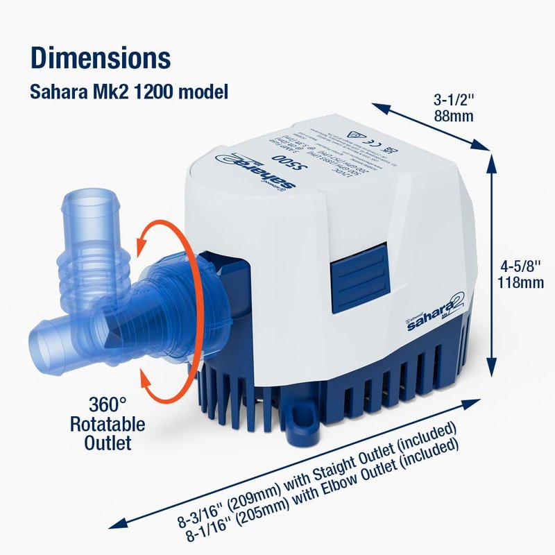 Attwood 5512-7 Sahara MK2 S1200 (12V), Automatic Bilge Pump, 1200 GPH, with Fittings (Elbow & Straight), Direct Replacement for Attwood 4511-7