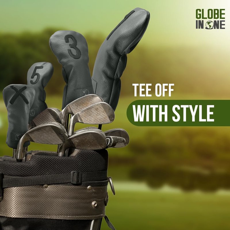 GLOBE IN ONE Premium Golf Club Head Covers Set of 4 - Fits Driver, Fairway & Hybrid Clubs (1, 3, 5, X) | Durable Golf Headcovers, Stylish Protection for Men & Women - Golf Club Covers Black