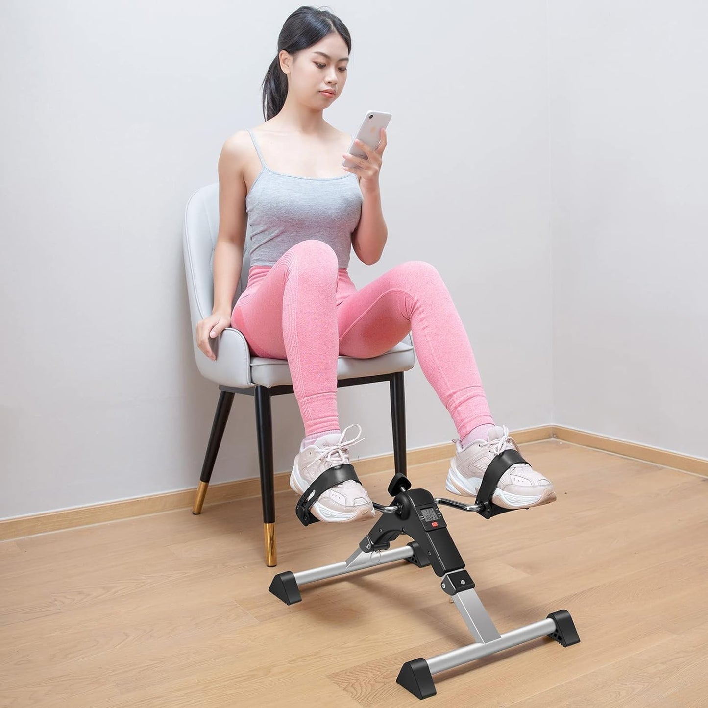 TABEKE Under Desk Pedal Exerciser, Fully Assembled Mini Exercise Bike for Leg and Arm Workouts, Foldable Desk Bike Peddler Machine for Seniors with Clear LCD Display & Adjustable Resistance (Sliver)