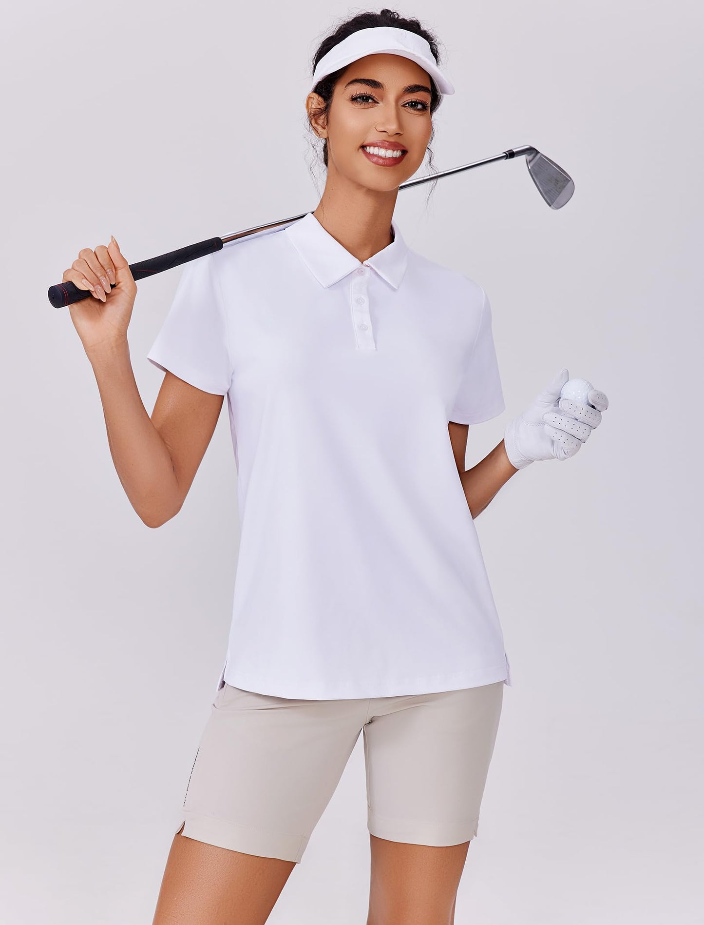 PINSPARK Polo Shirts for Women Short Sleeve Golf Shirt Lightweight Tennis Sport Tops Quick Dry Athletic T Shirt Side Slit Collared Workout Top, White Large