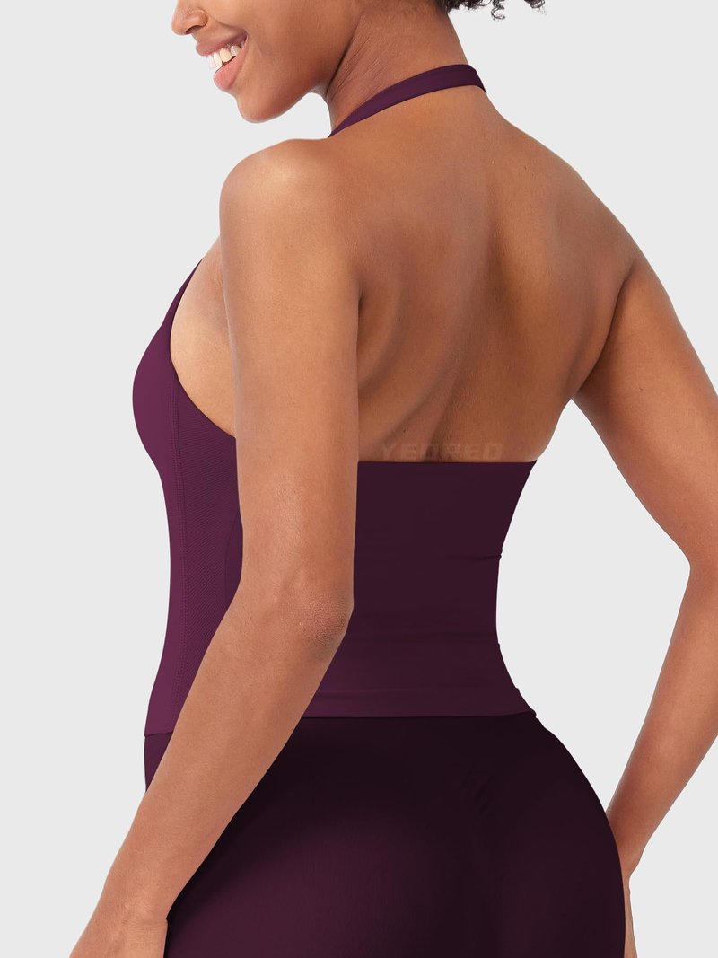 YEOREO SoftHue Women's Impact Halter Tank Top Longline Backless Scoop Neck Built-in Bra Sports Workout Gym Crop Top Jam Cherry S