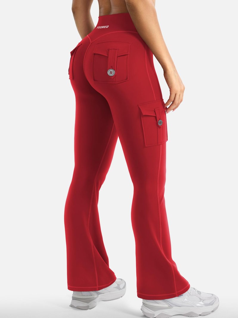 YEOREO CoreFlex Women Workout Flare Leggings with Pockets Scrunch Cargo Gym Yoga Leggings 28" Inseam Red M