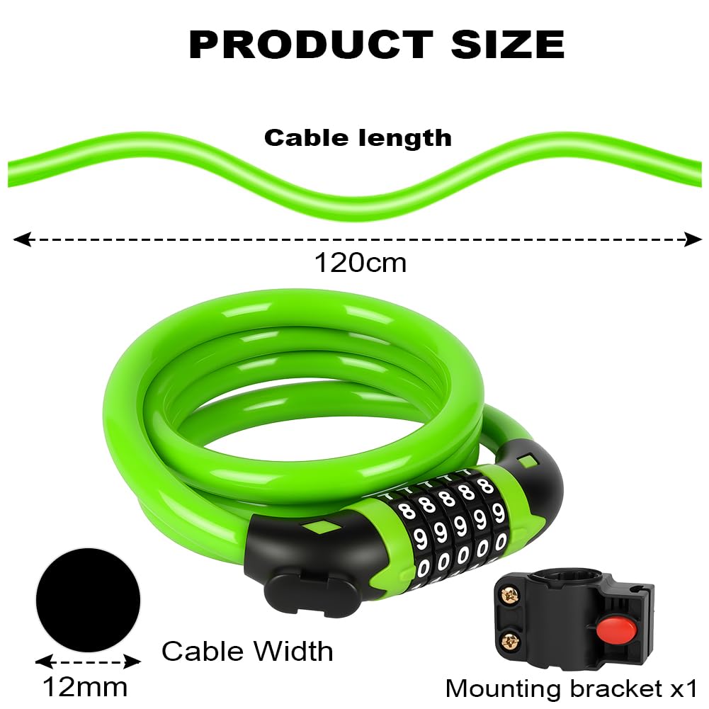 Ainiv Bike Lock, 4 FT/120cm Bike Lock Cable with Mounting Bracket, Portable Anti Theft 5 Digits Codes Cable Locks, Resettable Combinations Bicycle Lock for Bike, Motorbike, Scooter, Gate(Green)