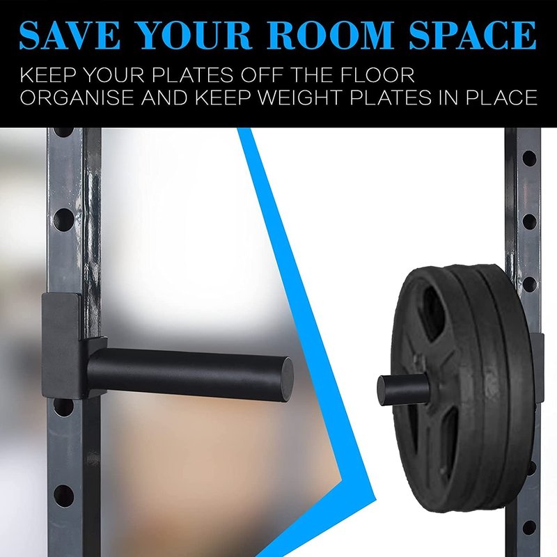 Balelinko Extended 9" Olympic Weight Plate Holder, Weight Plate Storage, Attachment for for 2"x2" Tube Power Cage with 1" Hole, 1 Pair, Bonus a Pair of 2" Spring Clip Collars Rings