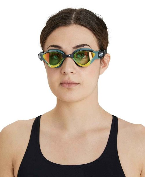 ARENA Unisex Adult Cobra Tri Swimming Goggles for Triathlon and Fitness Swipe Anti-Fog Wide Vision Mirror Lens, Yellow Copper/Army