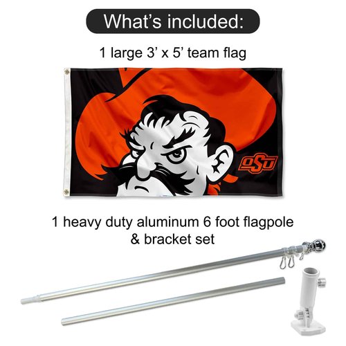 College Flags & Banners Co. Oklahoma State Cowboys Pistol Pete Flag and Pole Bracket Mount Bundle