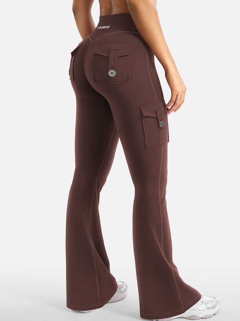 YEOREO CoreFlex Women Workout Flare Leggings with Pockets Hidden Scrunch Cargo Gym Yoga No Front Seam Leggings Chocolate L