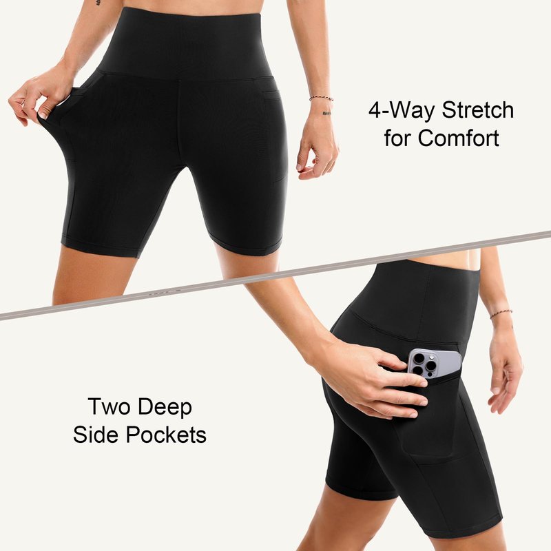Leafigure 2 Pack Womens Biker Shorts with Pockets, High Waisted Tummy Control Yoga Shorts for Women Running Gym and Workout Black/Pink S-M