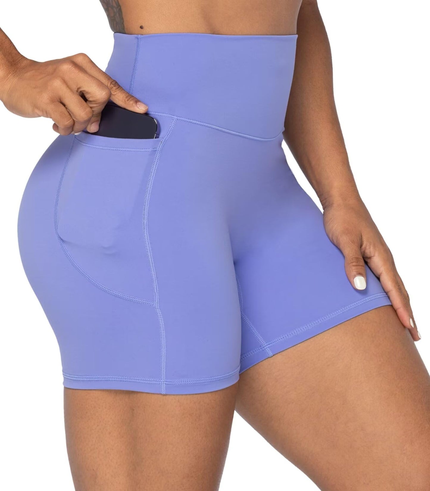 Sunzel Women's Biker Shorts in High Waist Tummy Control with Deep Pockets 5" Black+Periwinkle (2 Pack) X-Small
