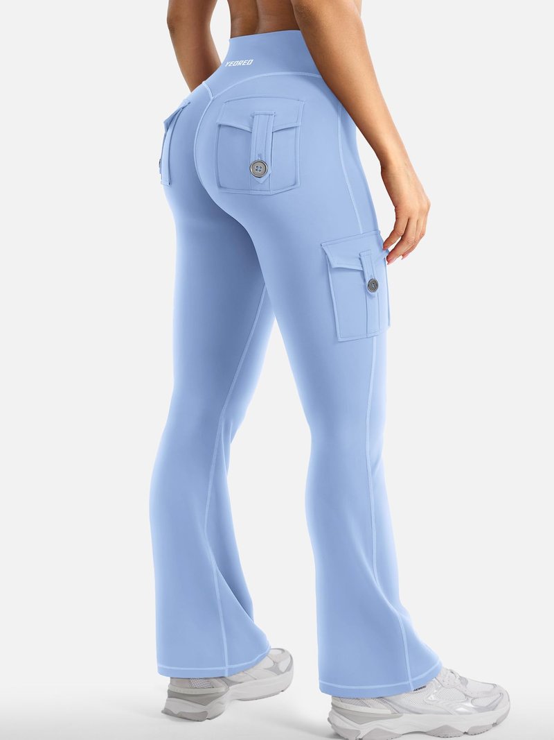 YEOREO CoreFlex Women Workout Flare Leggings with Pockets Scrunch Cargo Gym Yoga Leggings Light Blue M