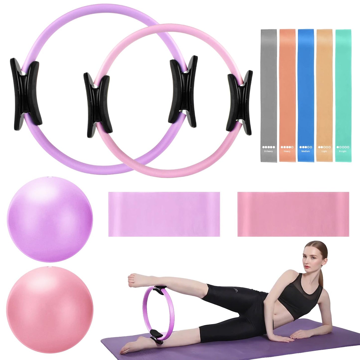 TOPZGLEEY Pilates Ring and Ball Set with Resistance Bands - Pilates Equipment for Home Workout - 14'' & 12'' Pilates Rings, 2 Pilates Balls, 5 Resistance Bands,Guide (Purple &Pink)