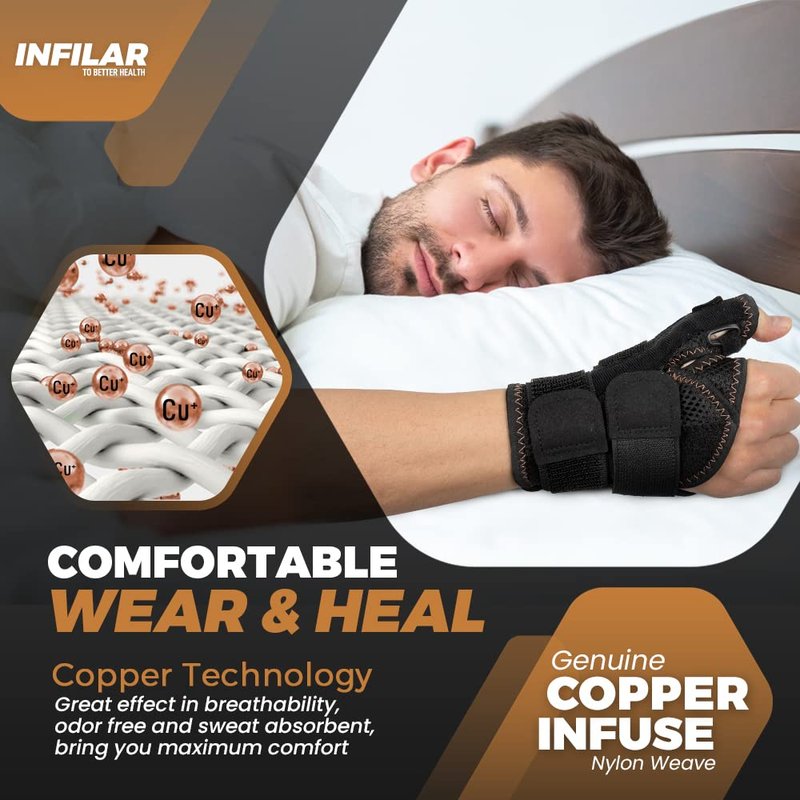 INFILAR Copper Infused Thumb Brace for Men and Women - Comfortable CMC Thumb Brace Spica Splint for Pain Relief, Tendonitis, Thumb Wrist Stabilization Support for Right & Left Hand - Universal Size