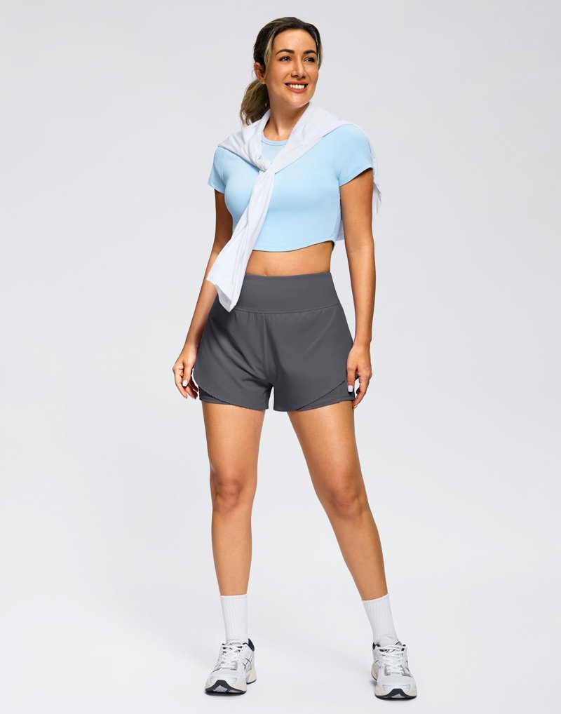 Soothfeel Women's 2 in 1 Running Shorts - High Waisted Lightweight Athletic Workout Gym Yoga Shorts Spandex Liner with Pockets Dark_Grey M
