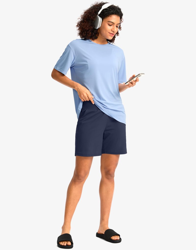 G Gradual Women's Bermuda Long Shorts with Pockets 7" High Waisted Knee Length Shorts for Women Walking Athletic Workout(Navy-L7,M)