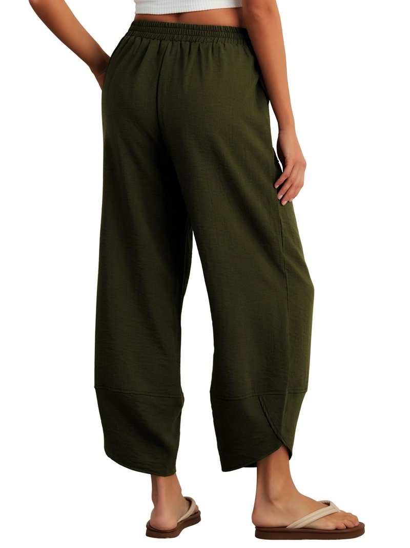 Feiersi Womens Baggy Wide Leg Pants Elastic Waisted Casual Palazzo Harem Pants Summer Beach Trousers(Army Green,Large)